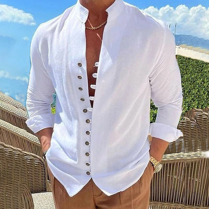 Men's Cotton Linen Stand Collar Casual Shirt