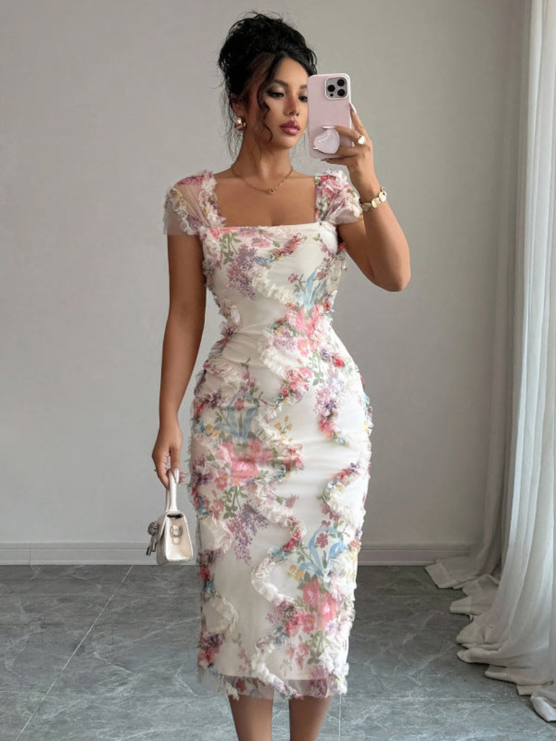 Women's Floral Square Neck Fitted Midi Dress