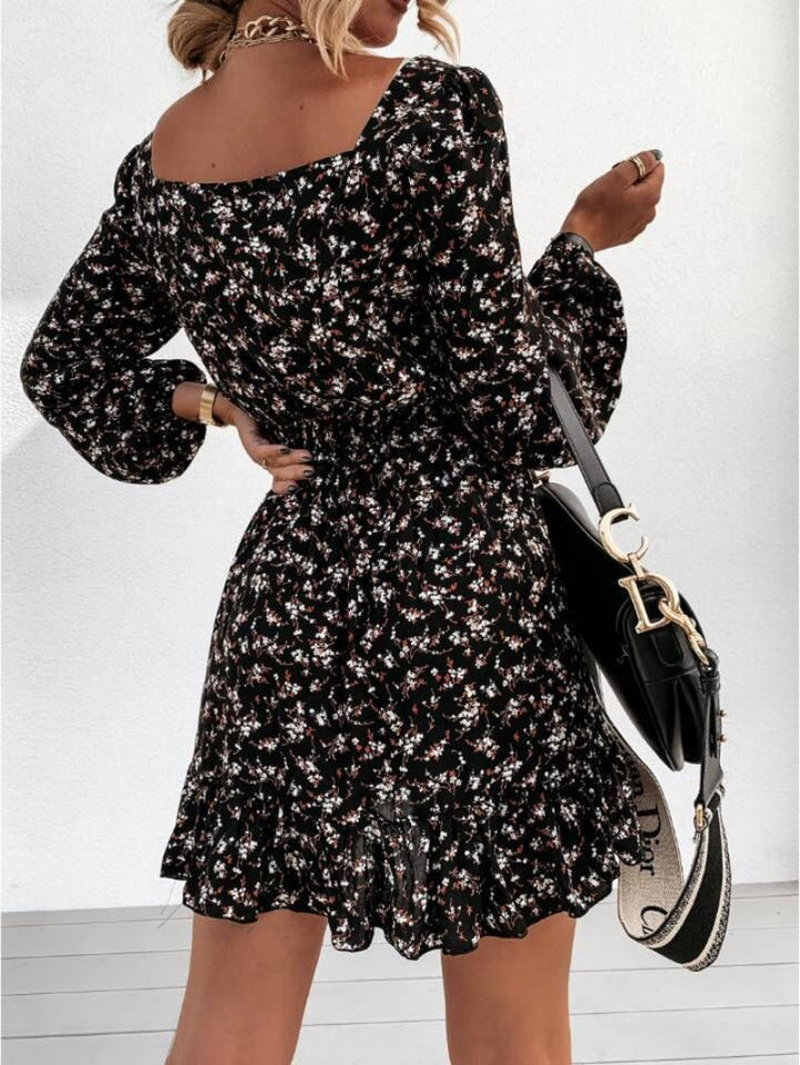 Women's Floral Square Neck Long Sleeve Mini Dress