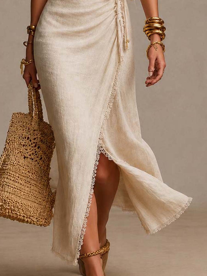 Tess™ | Natural linen midi dress with wrap front, ruffles, and lace trim