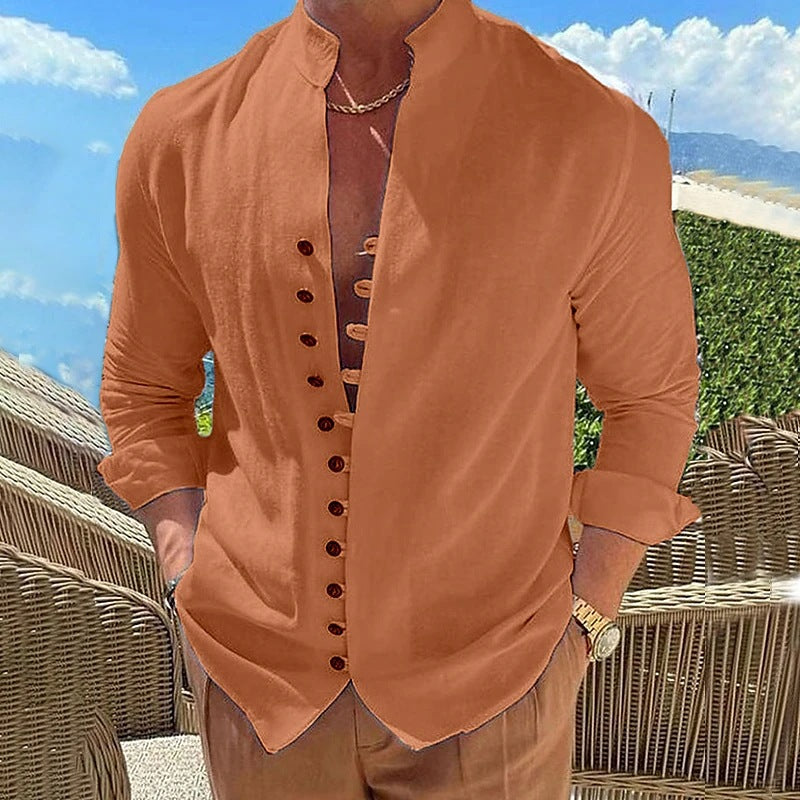 Men's Cotton Linen Stand Collar Casual Shirt