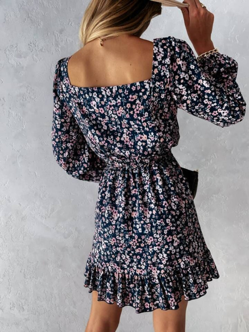 Women's Floral Square Neck Long Sleeve Mini Dress