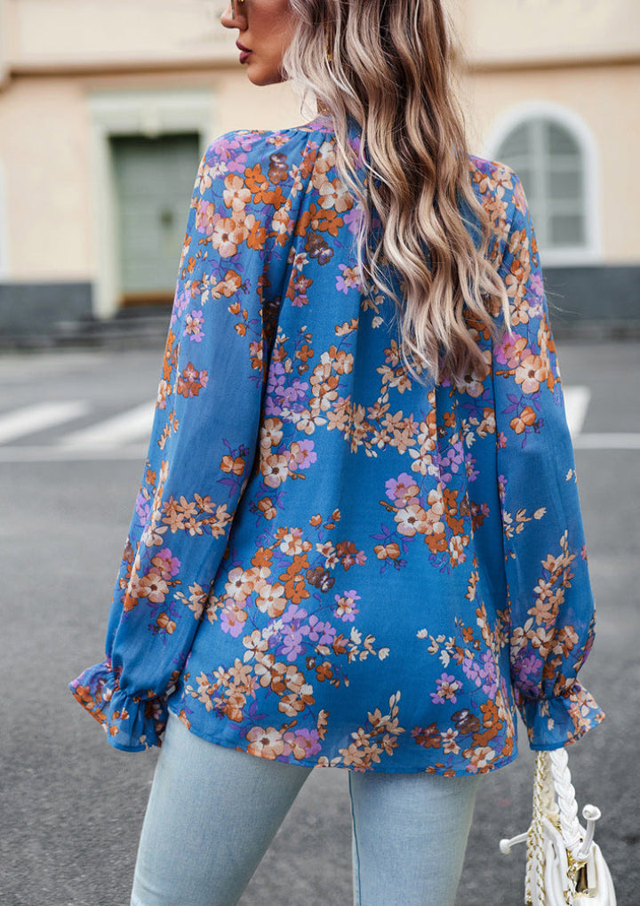 Women's Floral V-Neck Long Sleeve Blouse