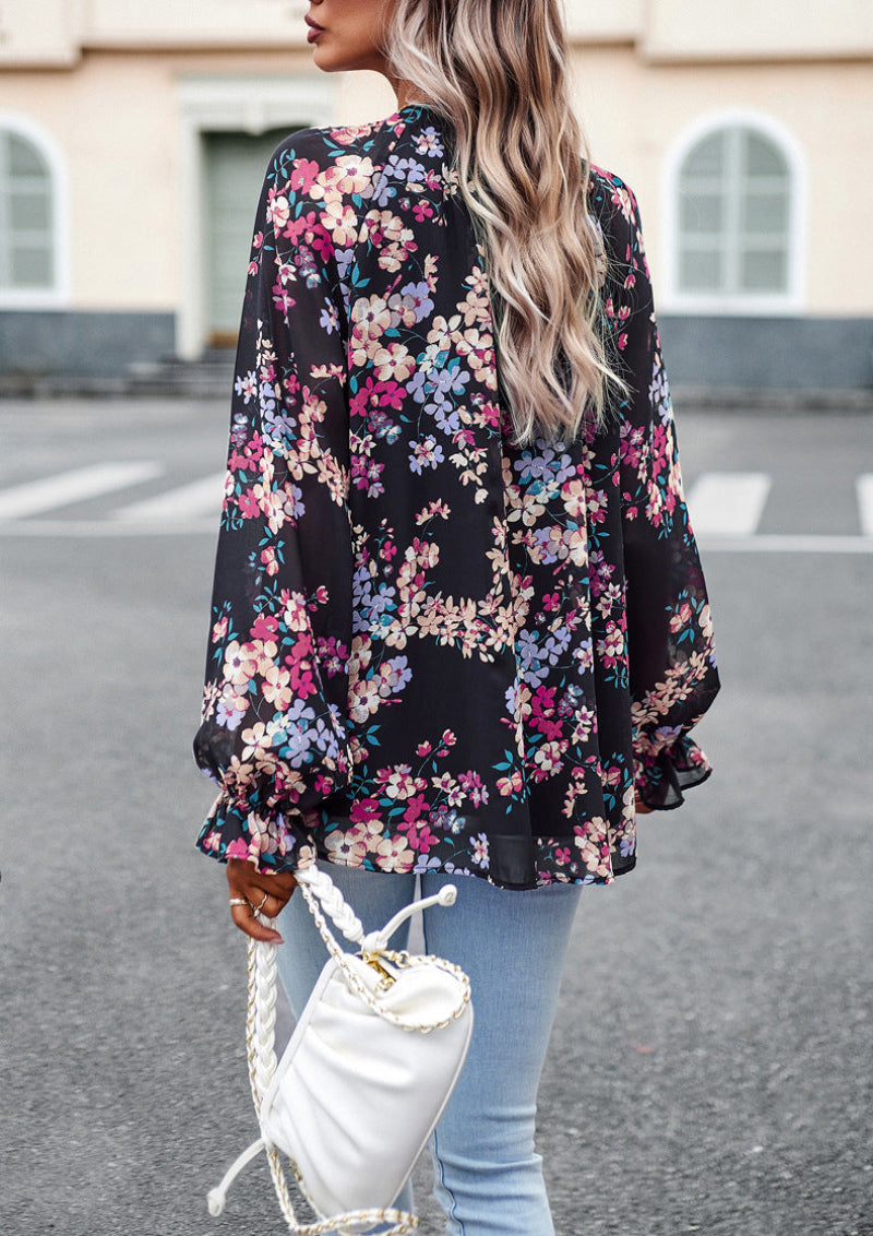 Women's Floral V-Neck Long Sleeve Blouse