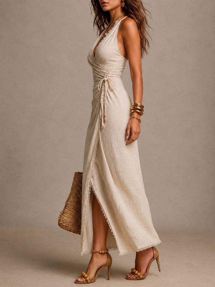 Tess™ | Natural linen midi dress with wrap front, ruffles, and lace trim