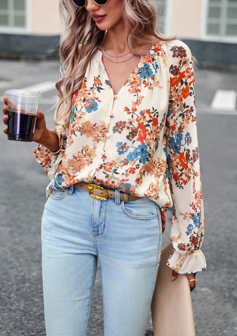 Women's Floral V-Neck Long Sleeve Blouse