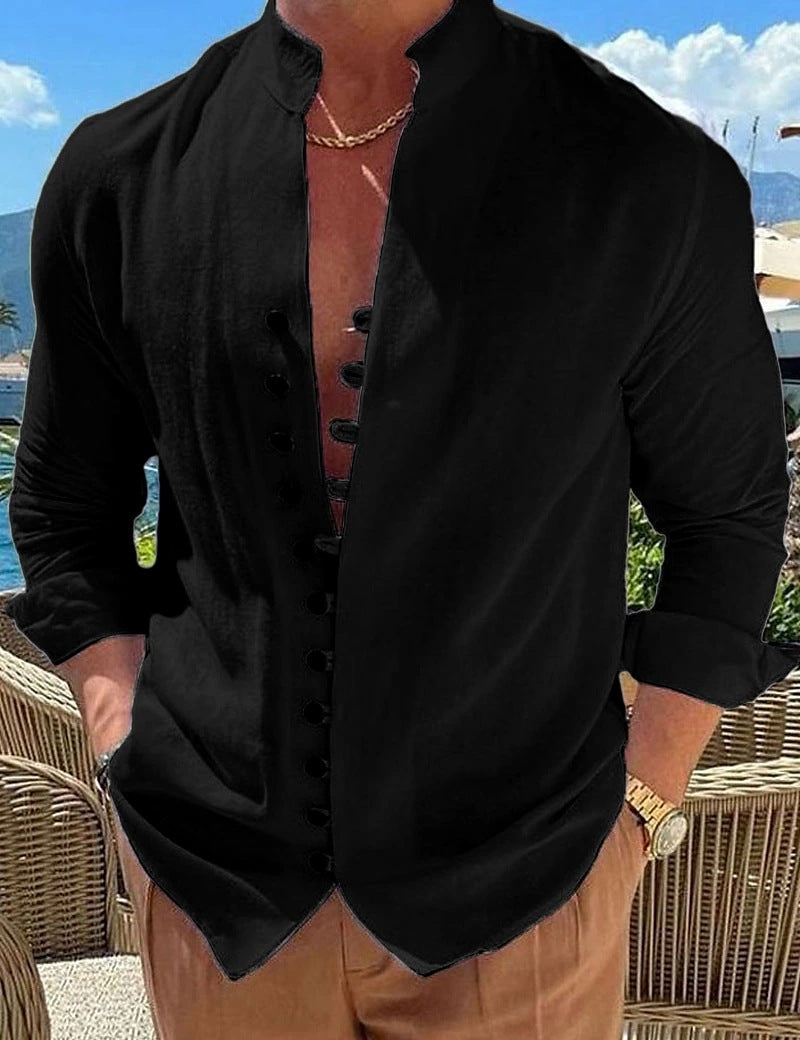 Men's Cotton Linen Stand Collar Casual Shirt