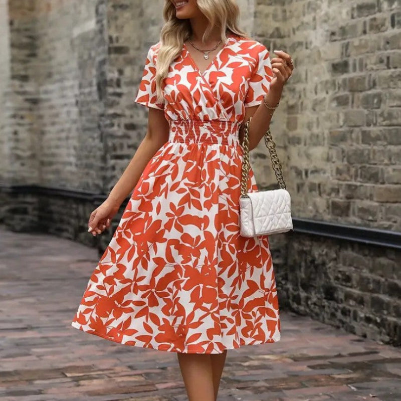 Women's Floral V-Neck Smocked Waist Midi Dress