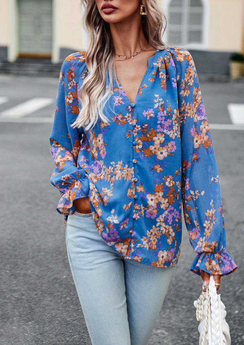 Women's Floral V-Neck Long Sleeve Blouse