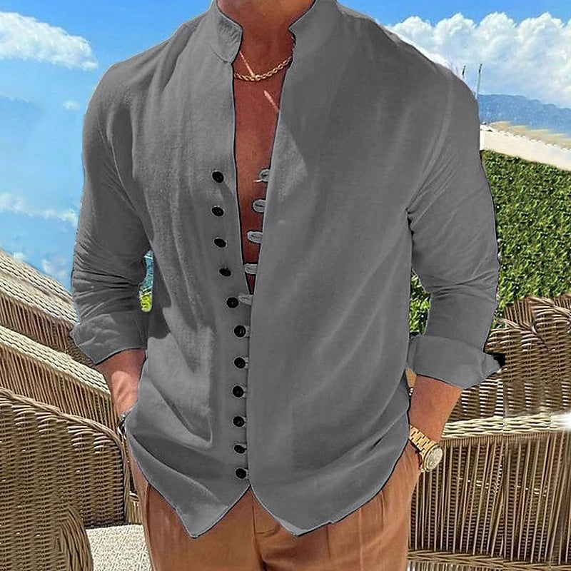 Men's Cotton Linen Stand Collar Casual Shirt