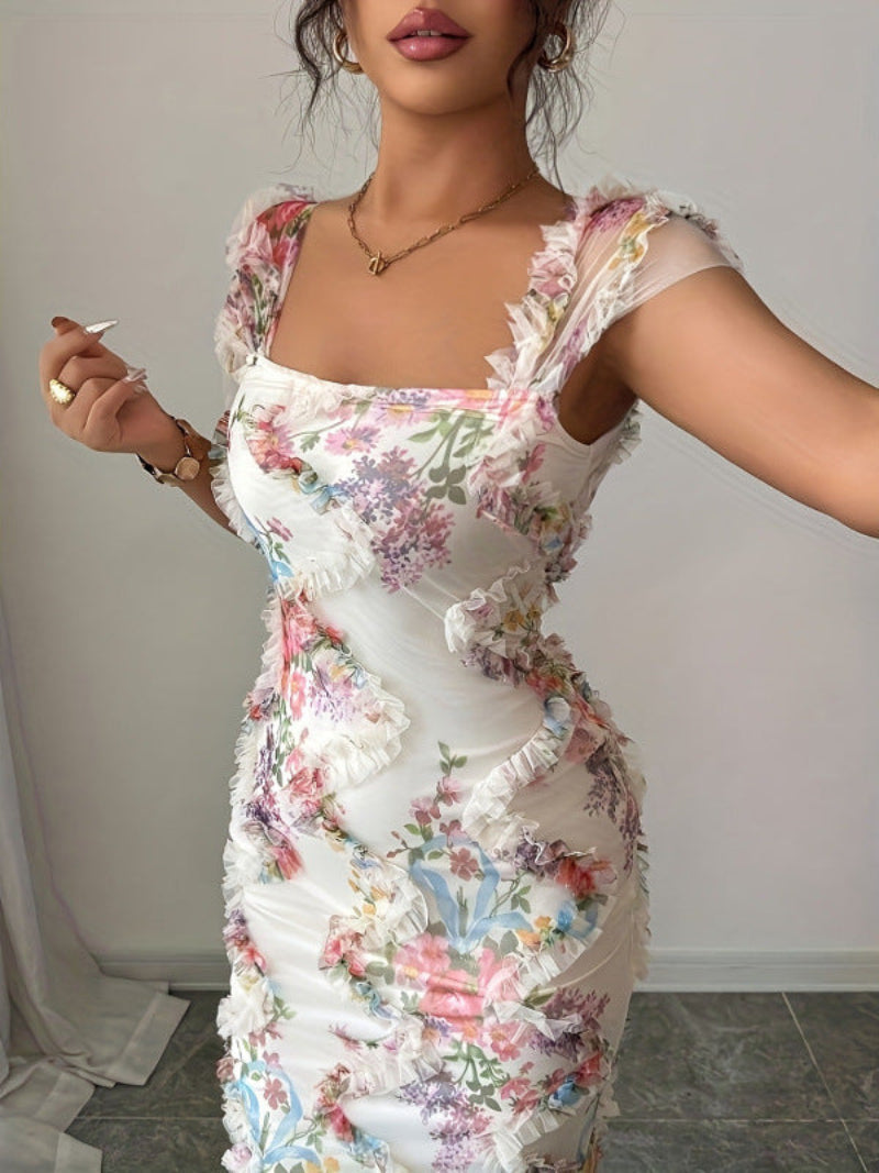 Women's Floral Square Neck Fitted Midi Dress