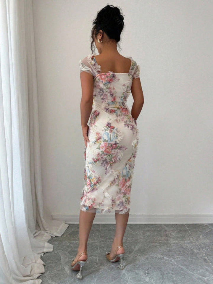 Women's Floral Square Neck Fitted Midi Dress