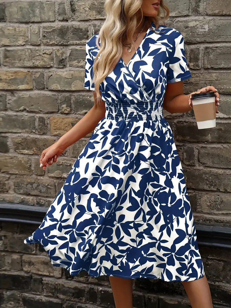 Women's Floral V-Neck Smocked Waist Midi Dress