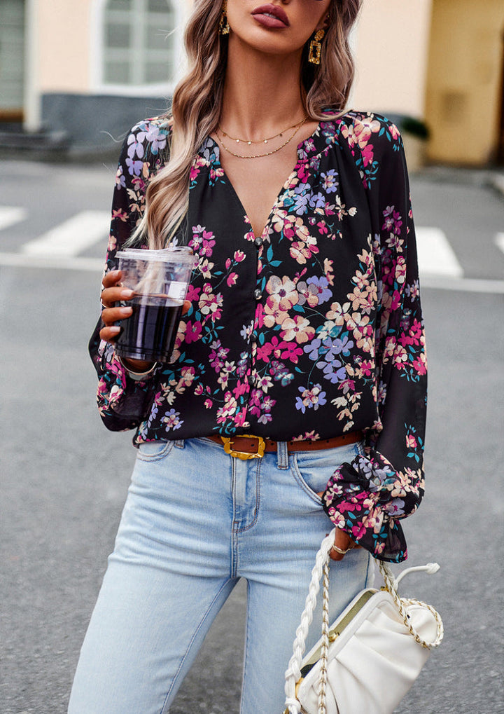 Women's Floral V-Neck Long Sleeve Blouse