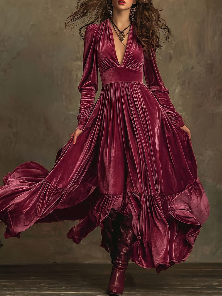 SERAFINA | RETRO OVERSIZED SKIRT LONG DRESS WITH DEEP V-NECK