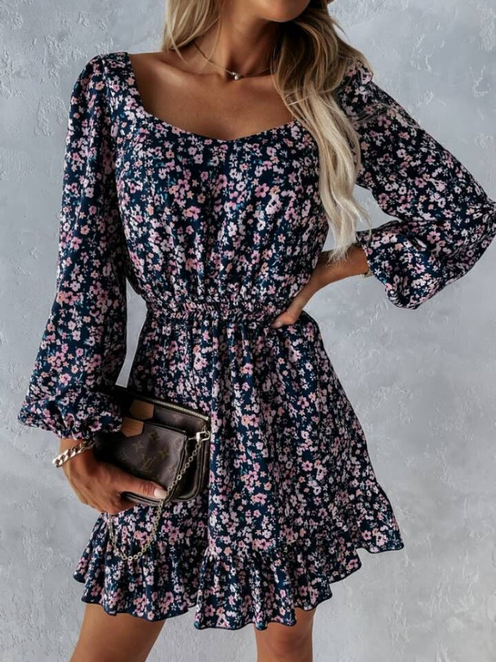 Women's Floral Square Neck Long Sleeve Mini Dress