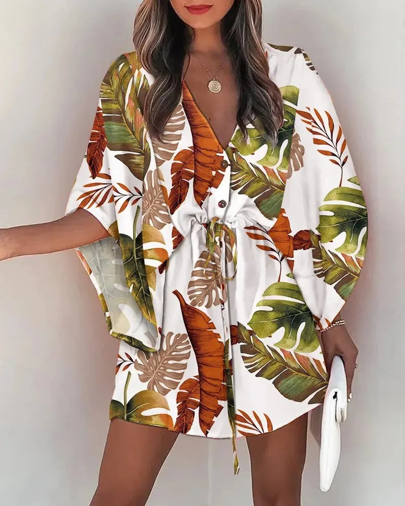Women's Floral Print Batwing Sleeve Mini Dress, V-Neck, Adjustable Waist Tie