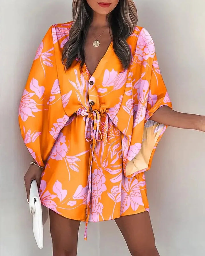 Women's Floral Print Batwing Sleeve Mini Dress, V-Neck, Adjustable Waist Tie