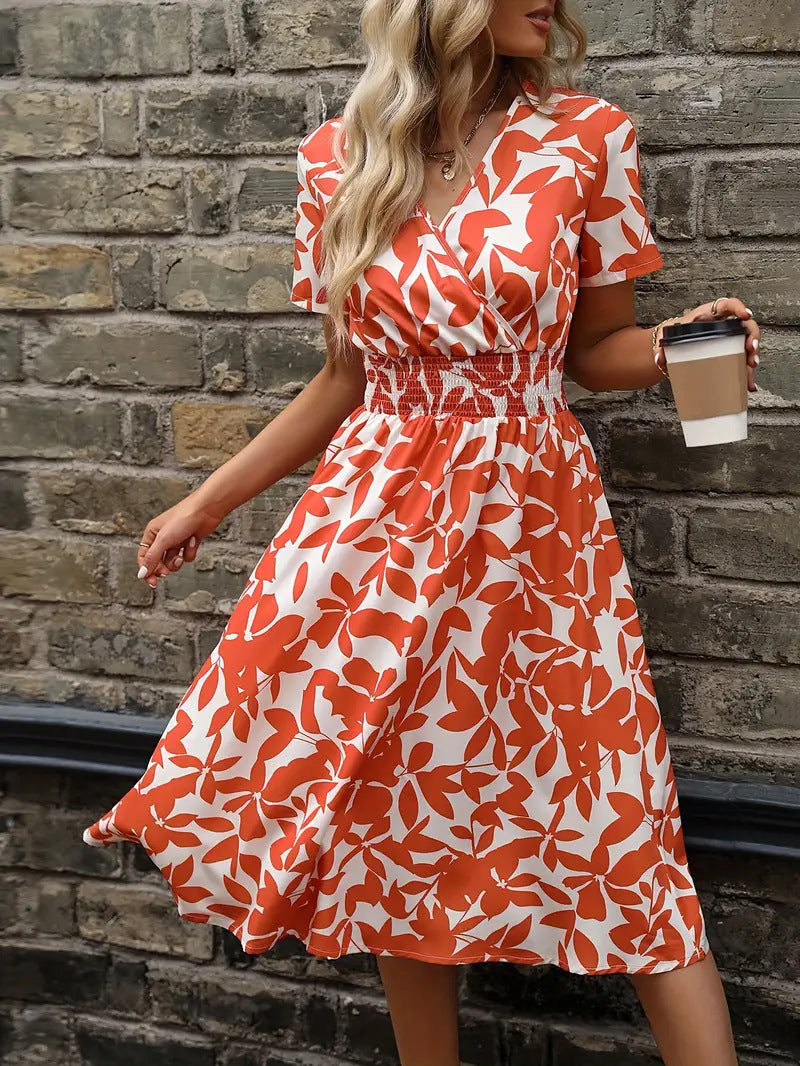Women's Floral V-Neck Smocked Waist Midi Dress