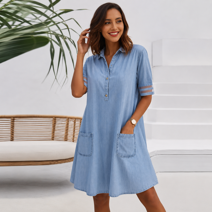 Brittany™ | Belly-Camouflaging Denim-Look Blouse Dress