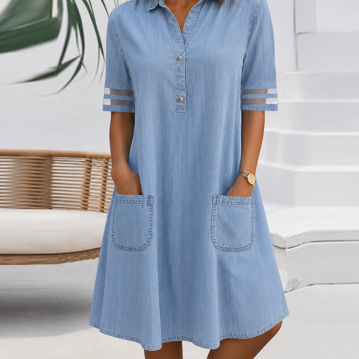 Brittany™ | Belly-Camouflaging Denim-Look Blouse Dress