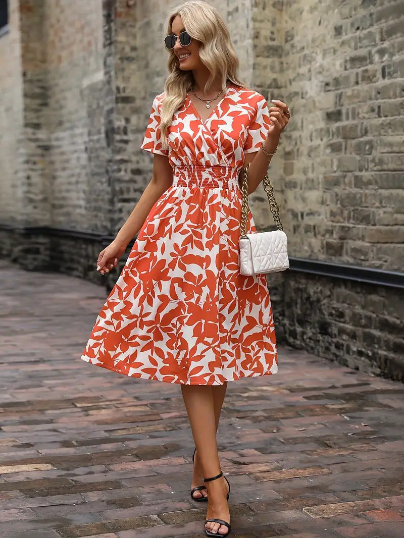 Women's Floral V-Neck Smocked Waist Midi Dress