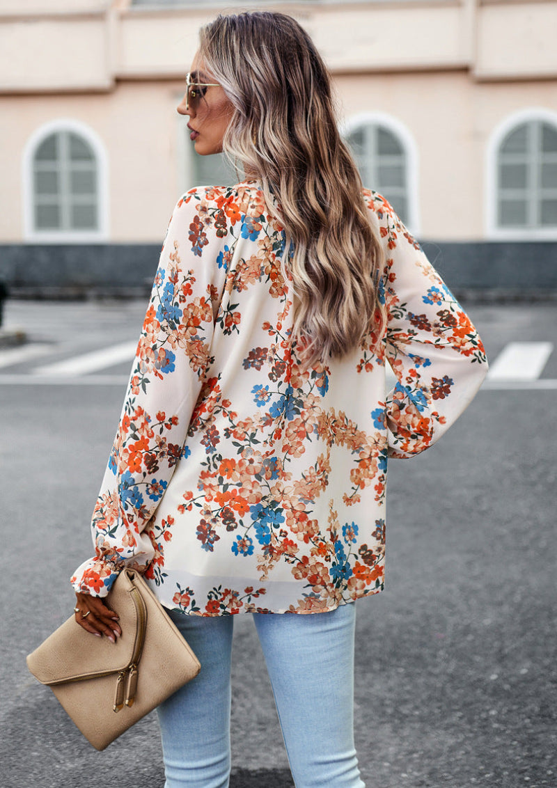 Women's Floral V-Neck Long Sleeve Blouse