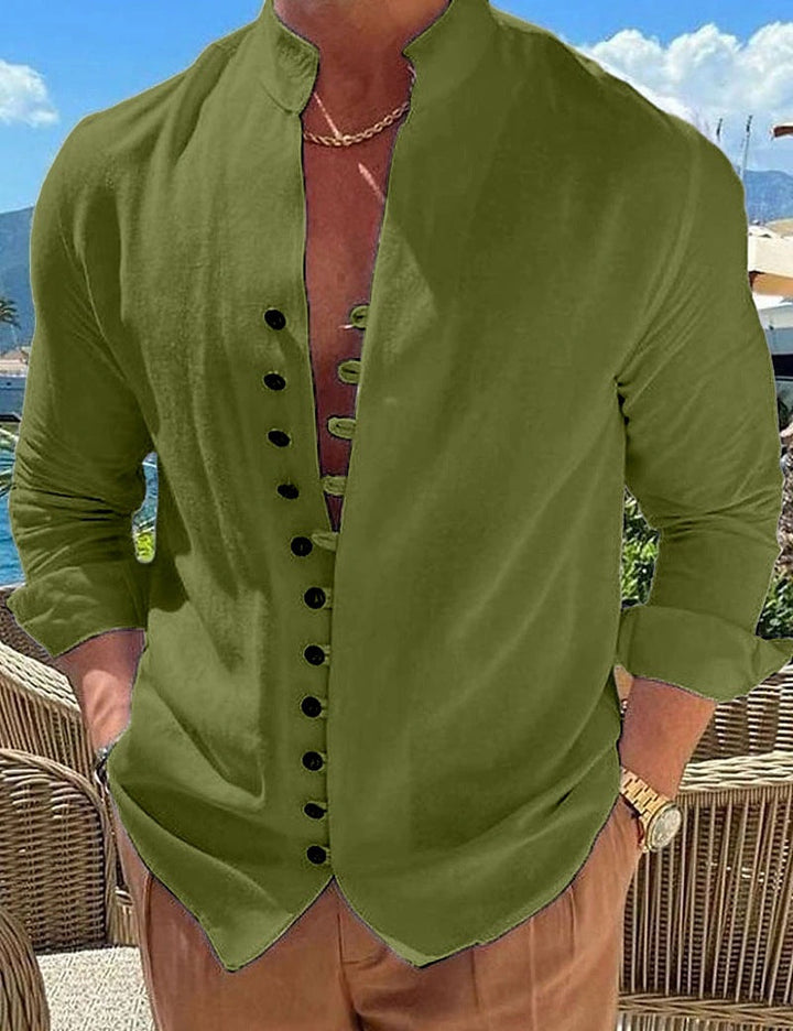 Men's Cotton Linen Stand Collar Casual Shirt