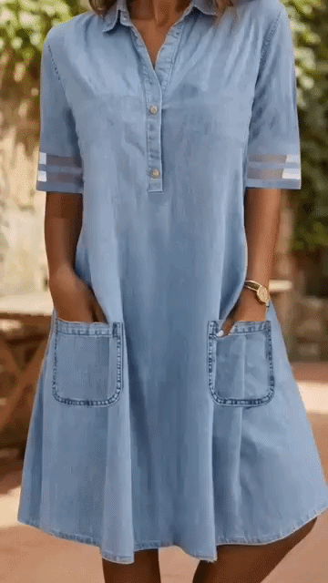 Brittany™ | Belly-Camouflaging Denim-Look Blouse Dress