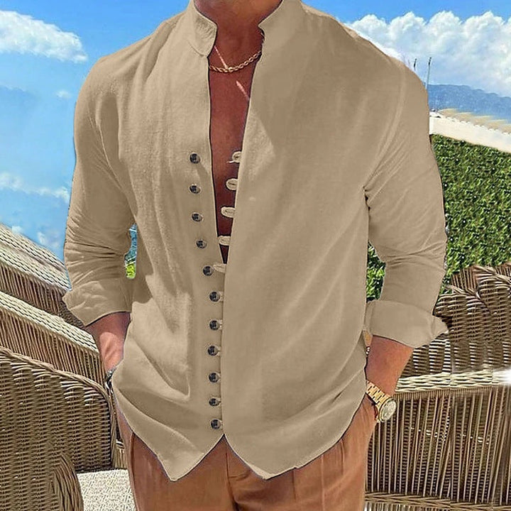 Men's Cotton Linen Stand Collar Casual Shirt