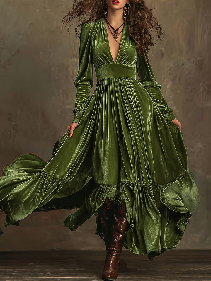 SERAFINA | RETRO OVERSIZED SKIRT LONG DRESS WITH DEEP V-NECK