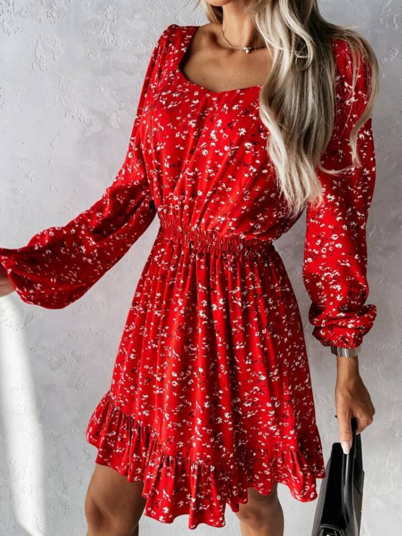 Women's Floral Square Neck Long Sleeve Mini Dress