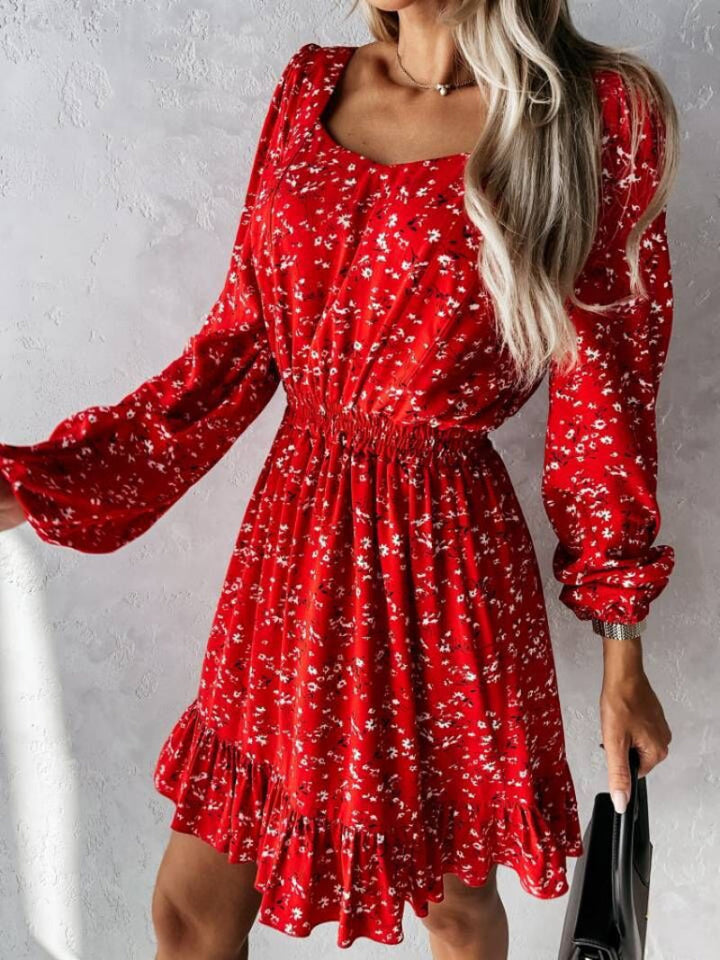 Women's Floral Square Neck Long Sleeve Mini Dress
