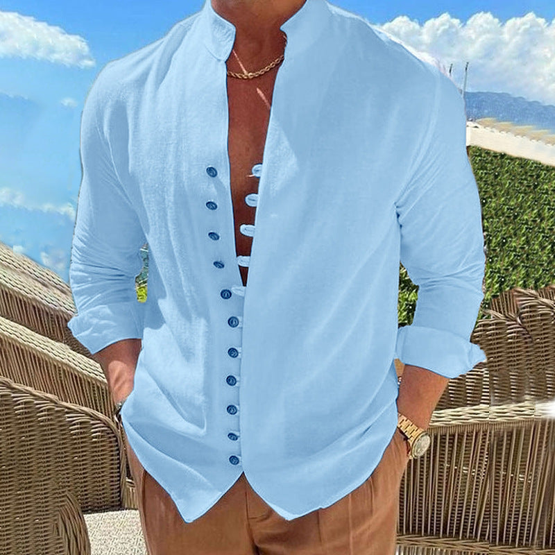 Men's Cotton Linen Stand Collar Casual Shirt