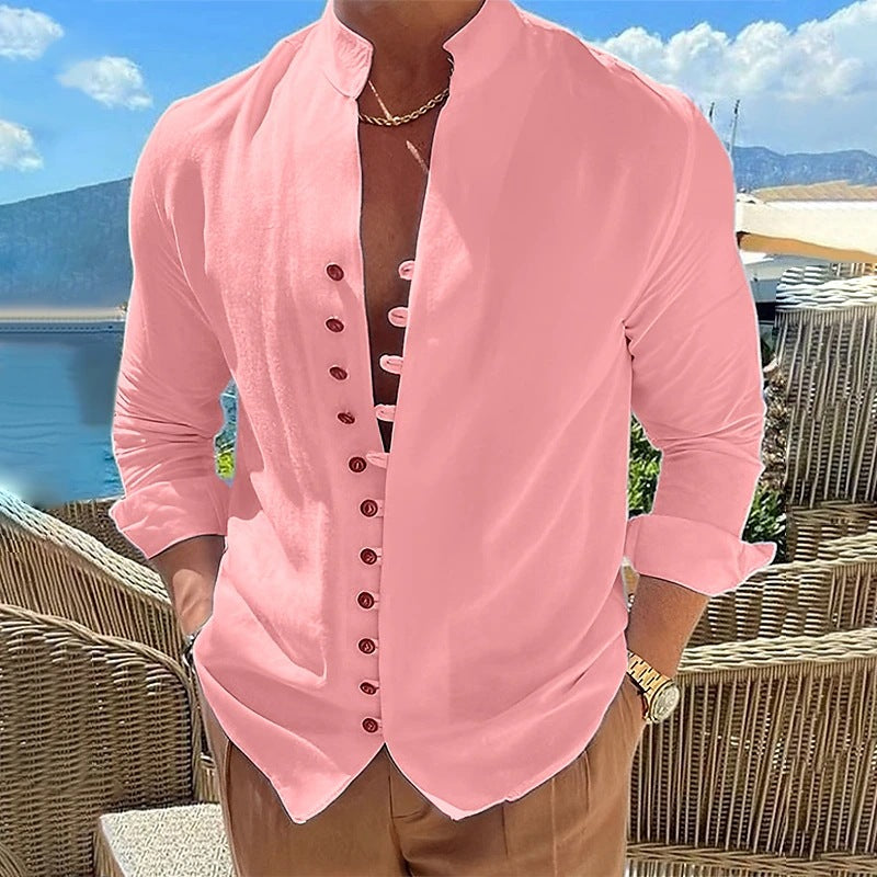 Men's Cotton Linen Stand Collar Casual Shirt