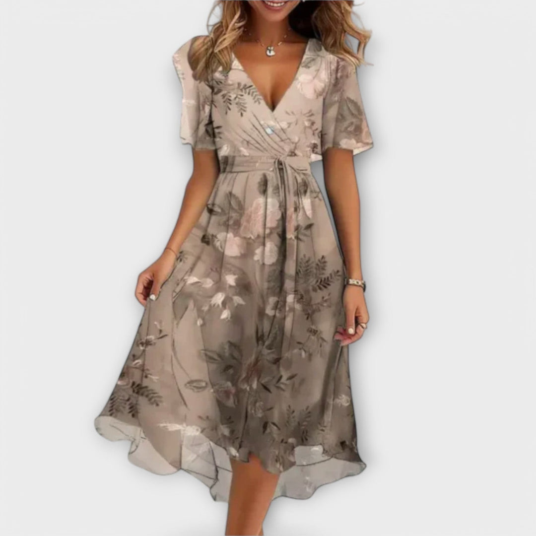 ISOIDE | FLORAL V-NECK WRAP MIDI DRESS