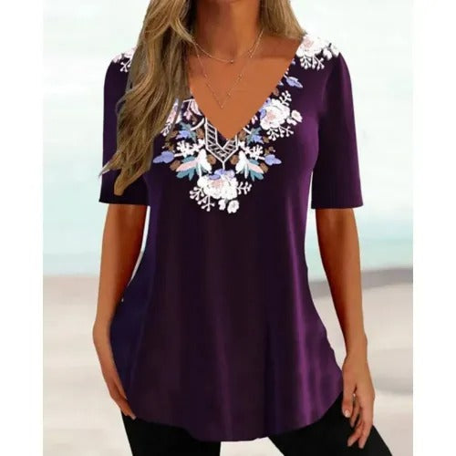 Women's Floral V-Neck Relaxed Fit Everyday Blouse